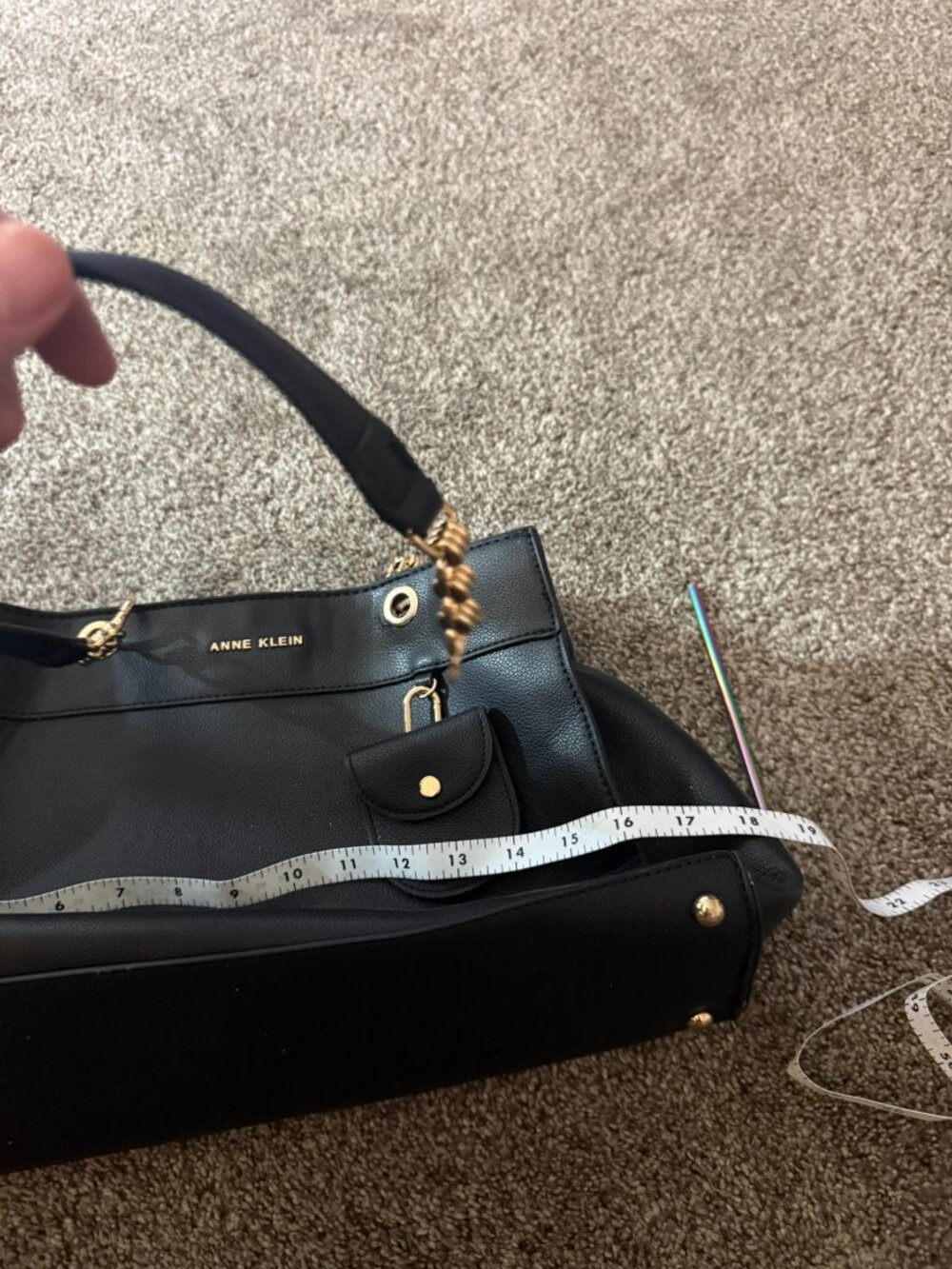 Anne Klein Black Faux Leather Satchel Handbag Gold Chain Detail Tote Bag Repair - Picture 6 of 6